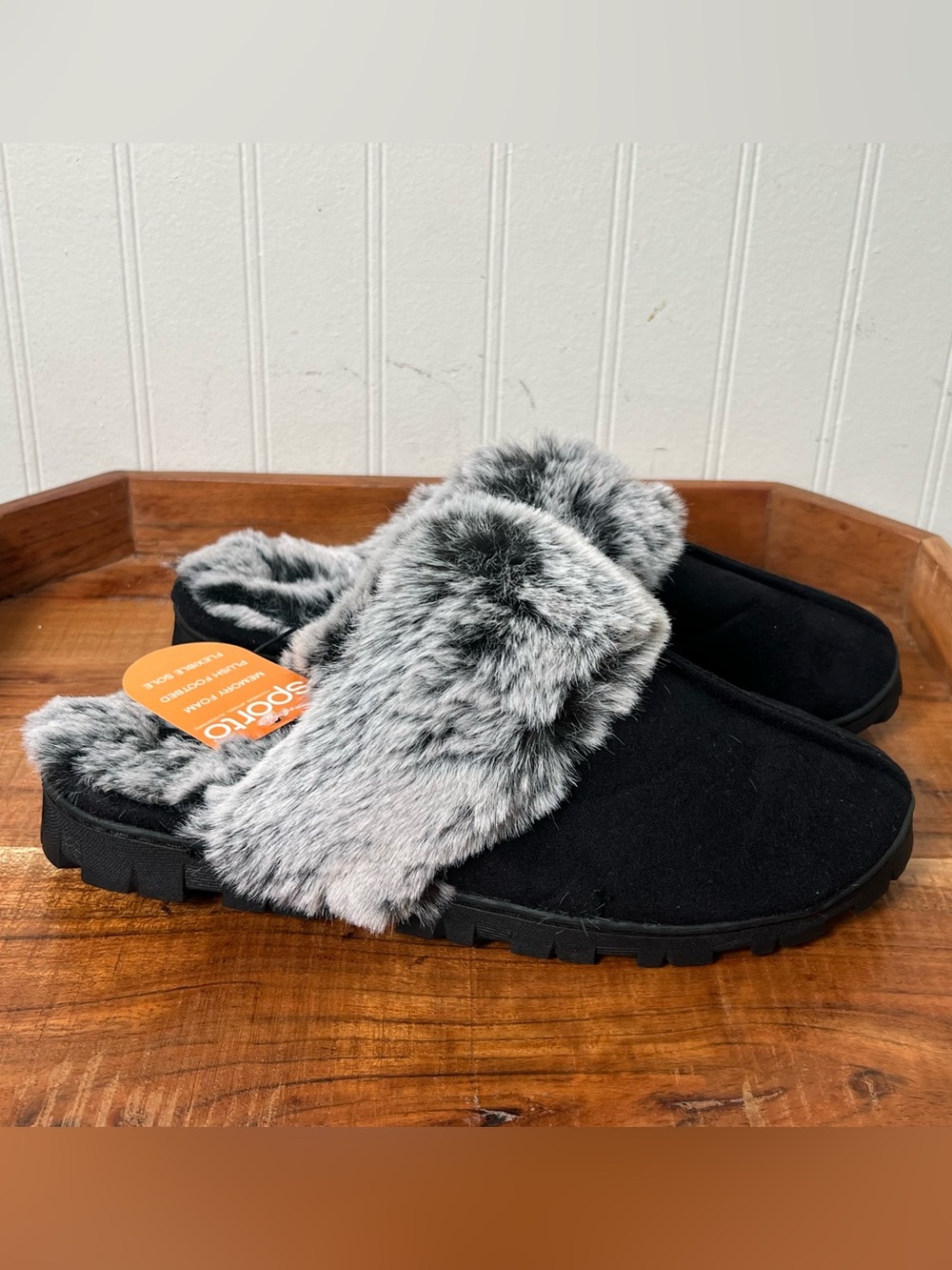 Sporto Faux Fur Black Fluffy Slippers Grip Large 9/10